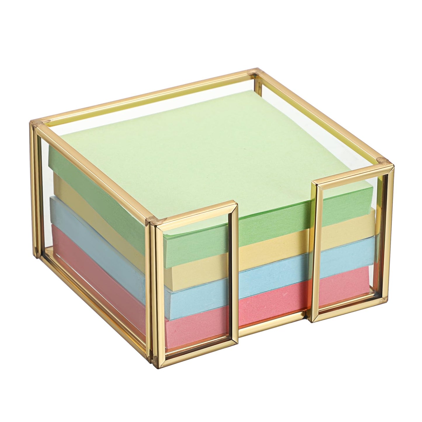 BTSKY Golden Glass Sticky Note Holder for 3x3 Inch Sticky Notes, Elegant Post It Note Dispenser with Non-Slip Pads Clear Notepad Holder for Desk Organization Planning, Home Office Decor