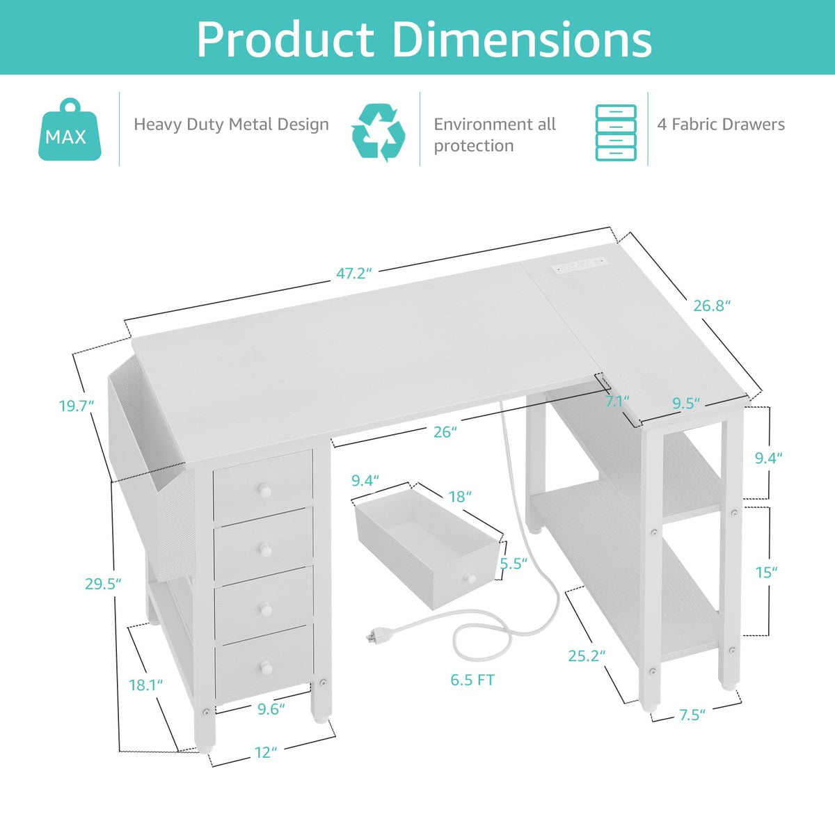 Lufeiya White L Shaped Computer Desk with Drawers & Storage Shelves, 47 Inch Corner Reversible Desk with Power Outlet for Home Office Bedroom, L-Shaped Teen PC Desks with Fabric Drawer, White