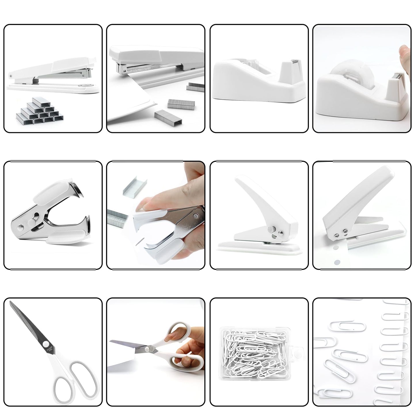 sportsvoutdoors White Desk Accessories, Modern Minimalist Office Supplies Set, Large Stapler, Tape Dispenser, Scissors, Paper Clips, Tabs with Ruler