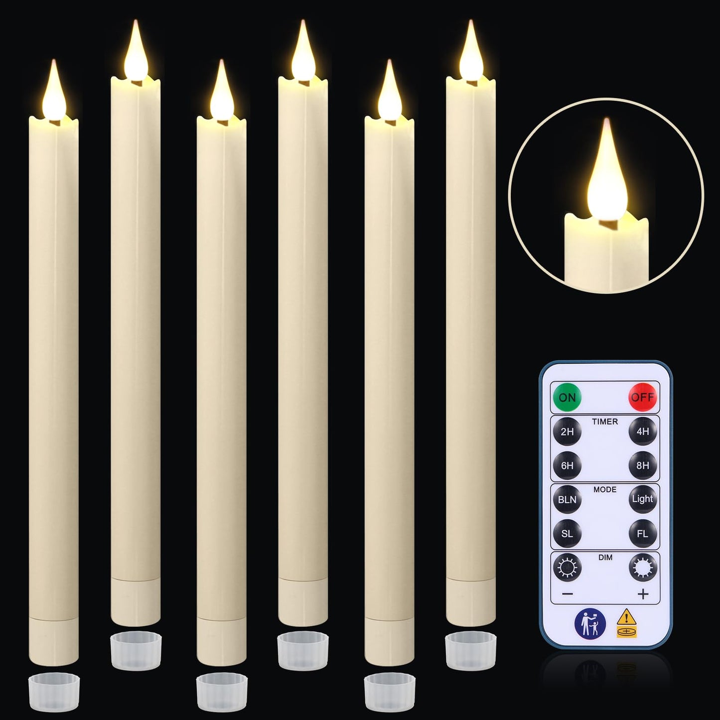yunsheng 11 Inches Flameless Taper Candles Flickering with Remote & Timer, Set of 6 Battery Operated LED Window Candles, Ivory Plastic LED Candlestick with 3D Wick for Christmas Wedding Home Decor