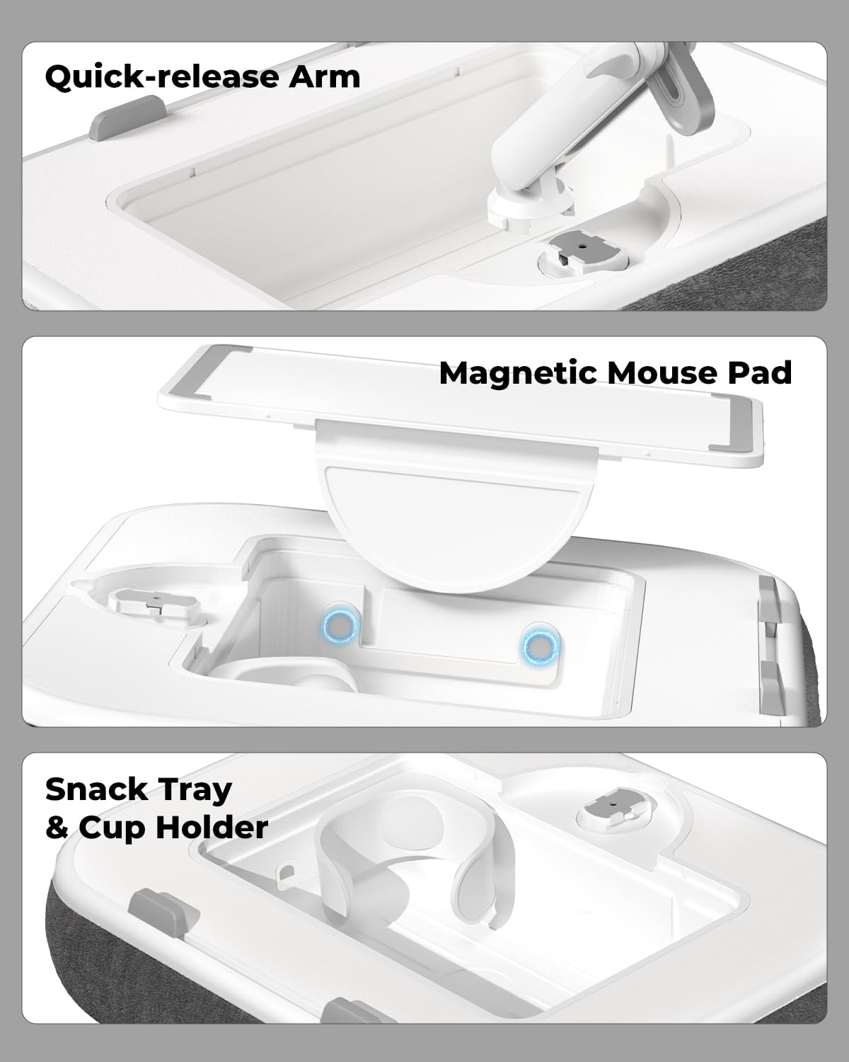 SupeDesk Laptop Lap Desk, Adjustable iPad Holder for Bed, 360° Swivel Tablet Arm, Laptop Desk with Mouse Pad, Snack Bowl & Cup Holder, Fits 4.7–13” Tablets & 15” Laptop