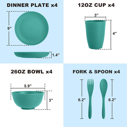 Wheat Straw Dinnerware Set 40-Piece Service for 8 Unbreakable Dishes Set Plates and Bowls Sets Drinking Glasses Microwave Safe Dish Set Lightweight Dinnerware Set for Home & Kitchen - Yellow