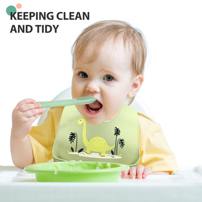 Zhanmai 3 Pack Silicone Bibs for Babies with Spoon Fork Adjustable Waterproof Rubber Feeding Bibs for Toddlers Boys Girls Kids Gifts(Vivid Style)