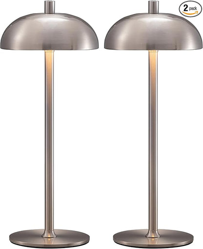 Cordless LED 12" Small Table Lamps Set of 2, Modern Portable Desk Lamp, 3 Color Dimming Rechargeable Battery Lights, for Bedroom, Outdoor, Restaurant, Bedside, Baby Night Light, Gifts (Nickel)