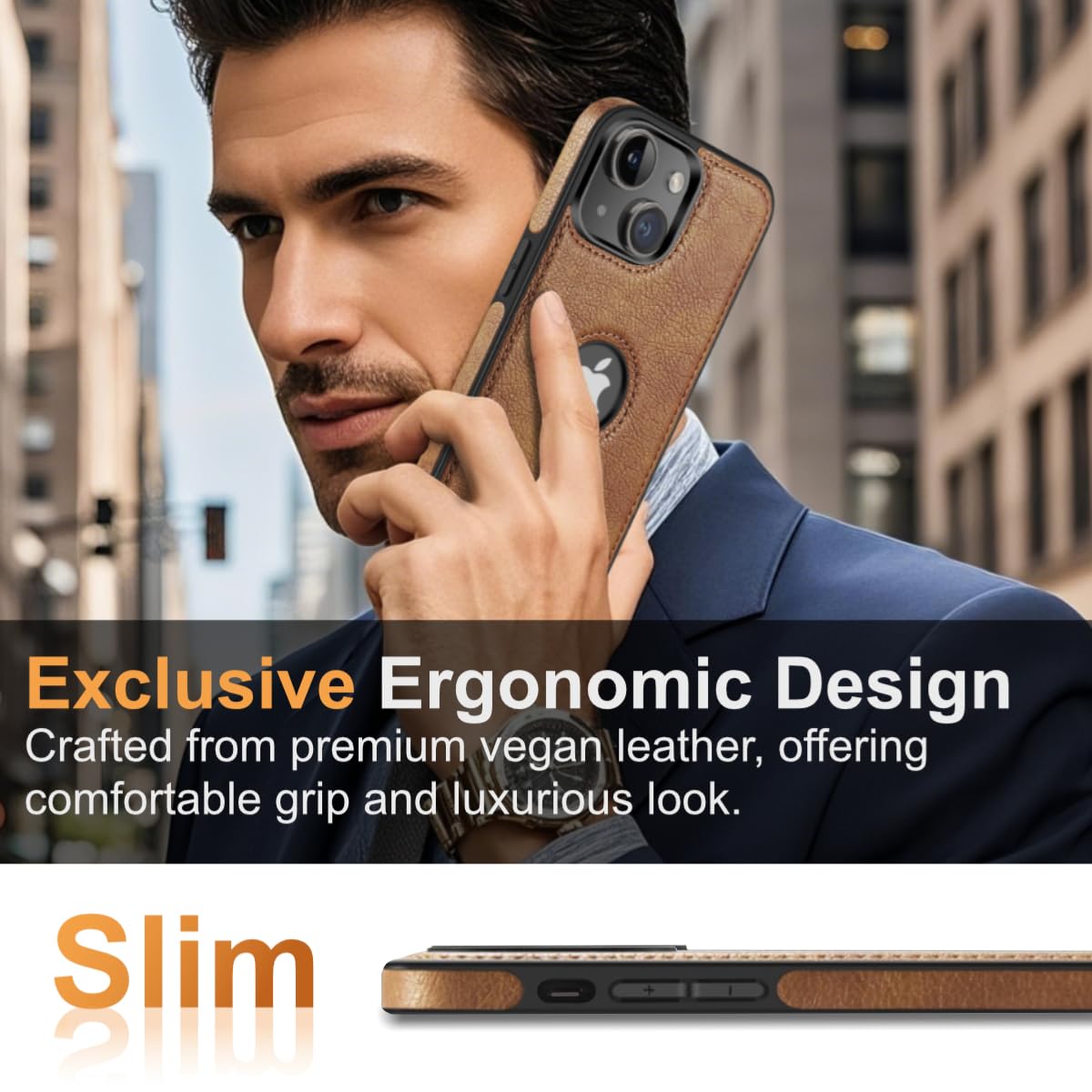 Razstorm Unique Design Luxury Leather Business Phone Case for iPhone 13 Anti-Slip Scratch Resistant Ultra Slim Protective Case (2021,6.1”) (Brown)
