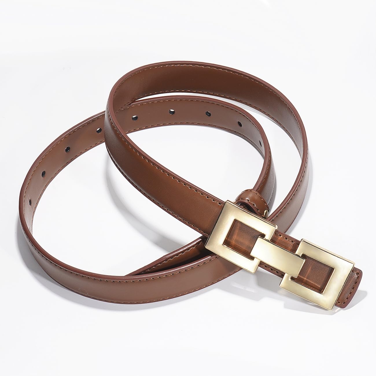 Glamorstar Women Skinny Belts Thin PU Leather Waist Belt with Gold Buckle Brown 102CM/40IN