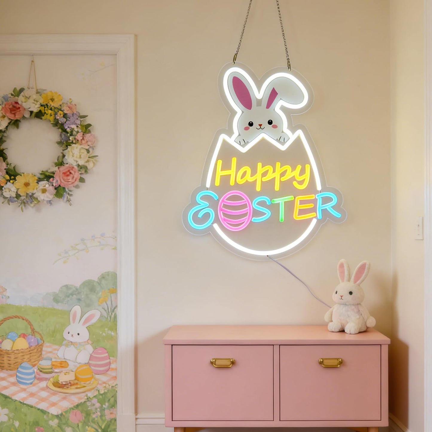 RumonZS Easter Decorations LED Neon Sign 15 In Happy Easter Neon Sign LED Rabbit Egg Window Lights Home Party Indoor Outdoor Wall Bunny Decor Light Up Sign for Bedroom Easter Birthday Party Decor