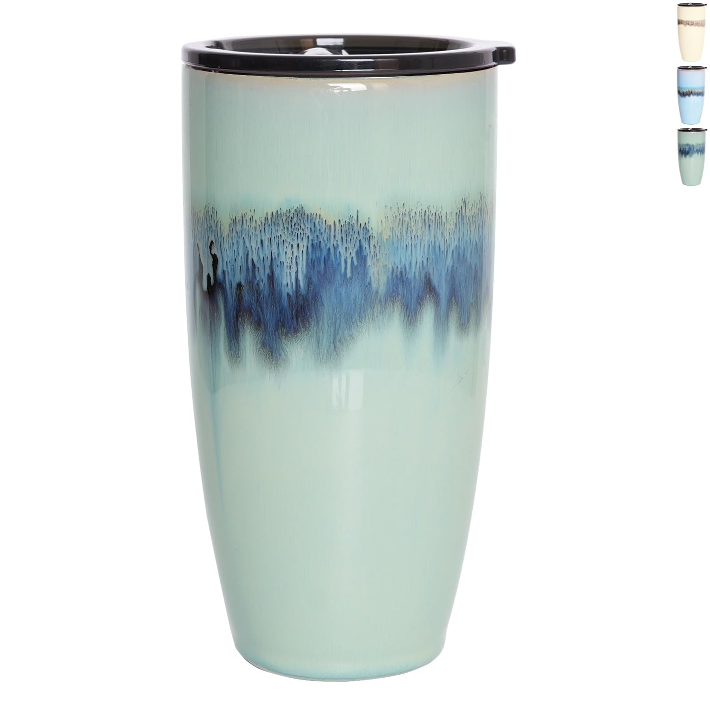 Bosmarlin Ceramic Travel Coffee Cup with Lid, 21 oz, Portable Coffee Mug for Car Cup Holder, Microwave Safe, Reactive Glaze (Forest Green)