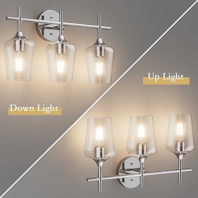 Ralbay Vintage 3 Light Vanity Light Fixture Industrial Chrome Bathroom Light Fixtures Over Mirror Clear Glass Chrome Vanity Light for Bathroom Wall Lighting Fixtures Over Mirror