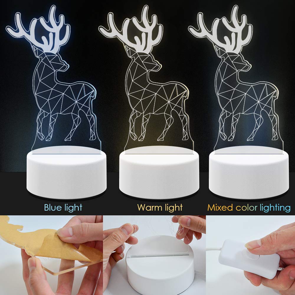 3D Illusion Toys Night Lightfor Kids, AKIVIDA 3D Christmas Deer Light Three Pattern Decor Lamp Best Gifts for Boys Girls on Birthday Graduation Festival Halloween Christmas