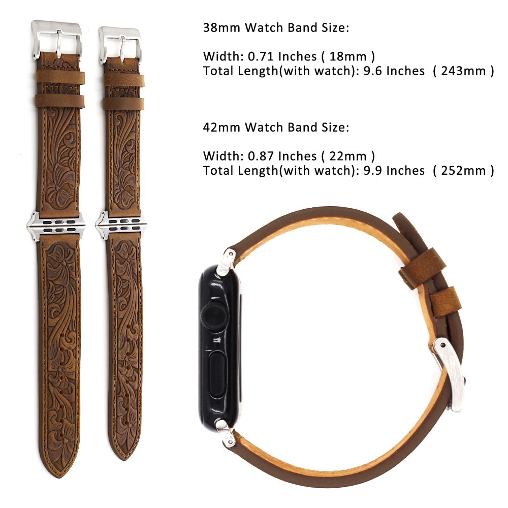 Deeplus for Apple Watch Band Leather 46mm 45mm 44mm 42mm, Handmade Carved Bump Genuine Leather Replacement Strap for iWatch Series 10 9 8 7 6 5 SE, Retro Brown