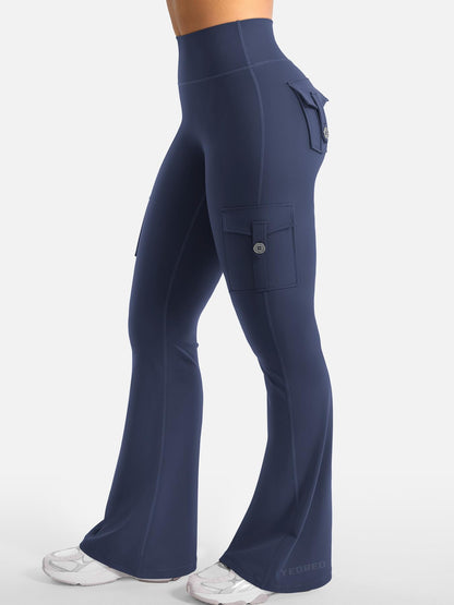 YEOREO CoreFlex Women Workout Flare Leggings with Pockets Hidden Scrunch Cargo Gym Yoga No Front Seam Leggings Navy S