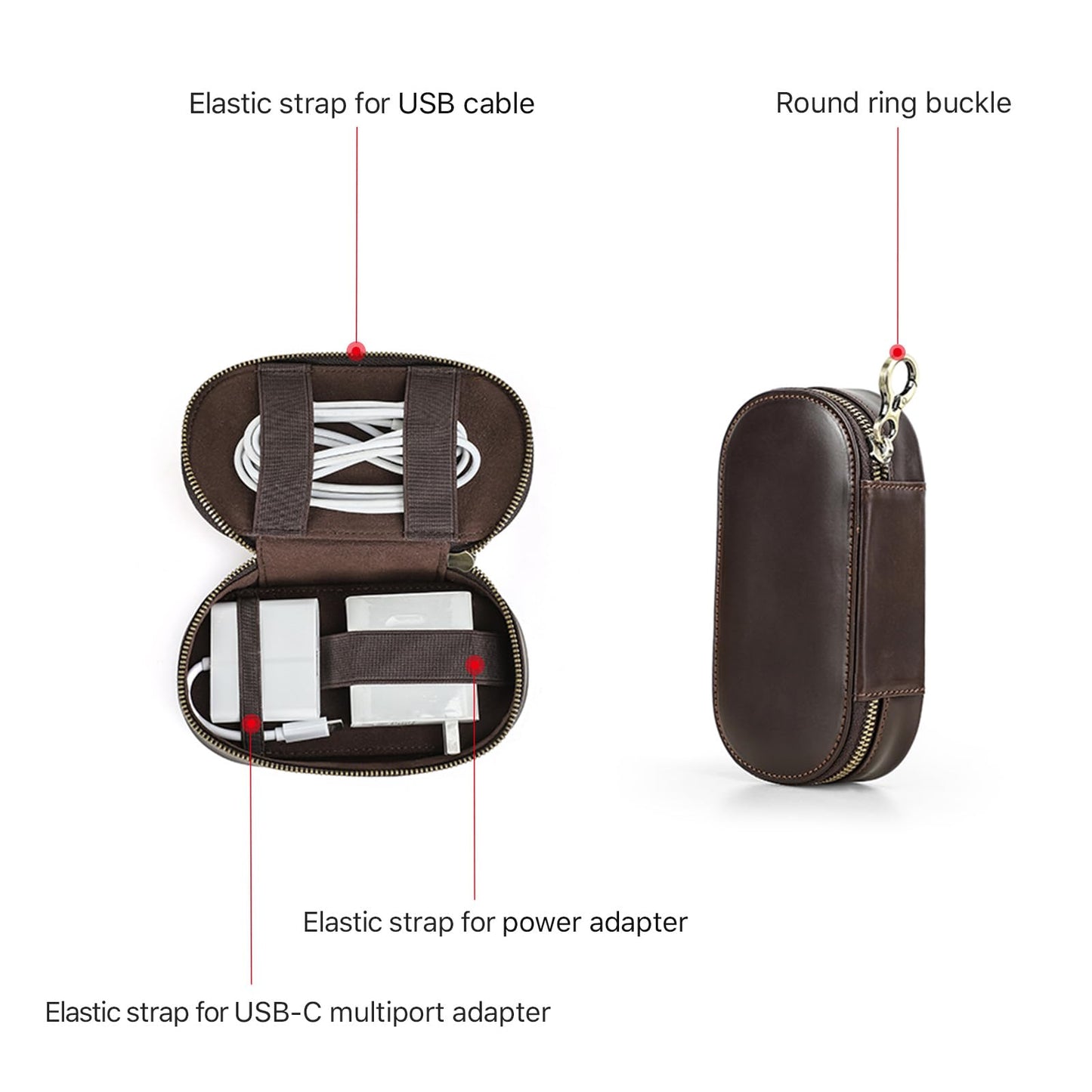 Hiram Handmade Full Grain Oil Bead Leather Tech Pouch – Digital Accessories Travel Case Portable Tech Organizer with Elastic Straps for USB Cables for Business Travel & EDC