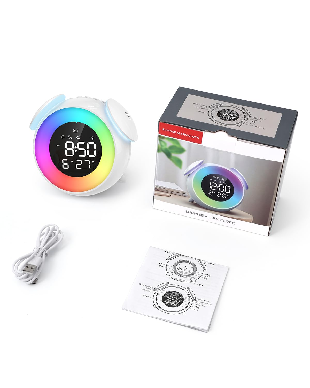 Homiyteck Kids Alarm Clock, Toddler Sleep Training Clock, OK to Wake Alarm Clock with 9 Colors Night Light, 7 Soothing Sounds, Dual Alarms, Birthday Gift for Boy Girls Children