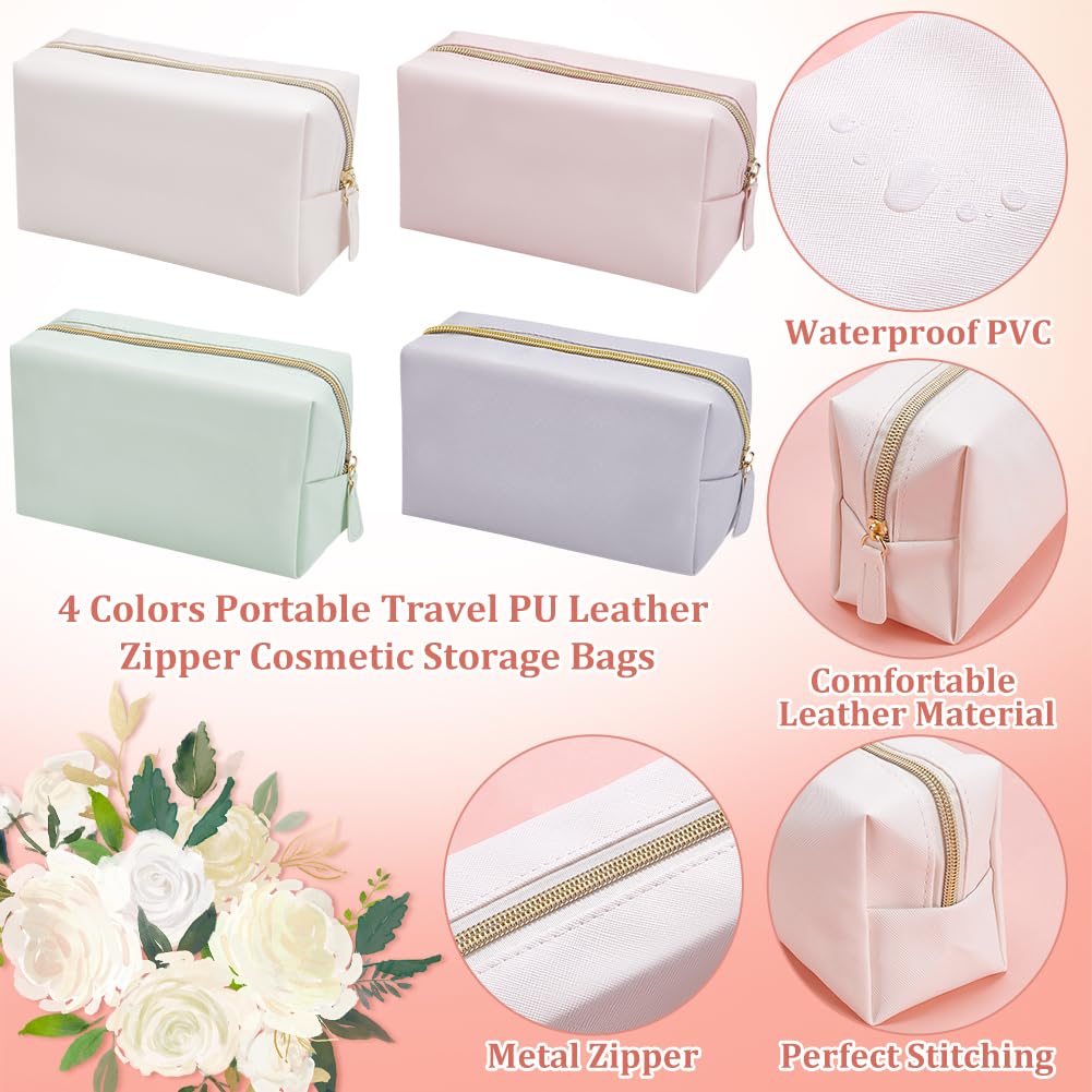 INTERWARM 12Pcs 4 Color Makeup Bag PU Leather Cosmetic Pouch, Bridesmaid Makeup Bags Bulk Zipper Cosmetic Pouch Waterproof Small Portable Toiletry Bag for Women Travel Wedding Party Favors