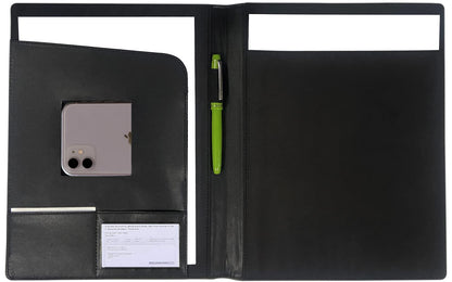 Leather Portfolio Folder Padfolio, Business Padfolio Organizer Document Planner Portfolio Binder Storage Pocket for Legal Pad Holder Paperwork Phone Men Women (Black)
