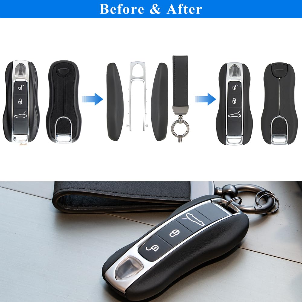 AeroBon 3-Piece Leather Key Fob Shell and Keychain Set Compatible with Porsche Key Fob Replacement (MK2, Black)