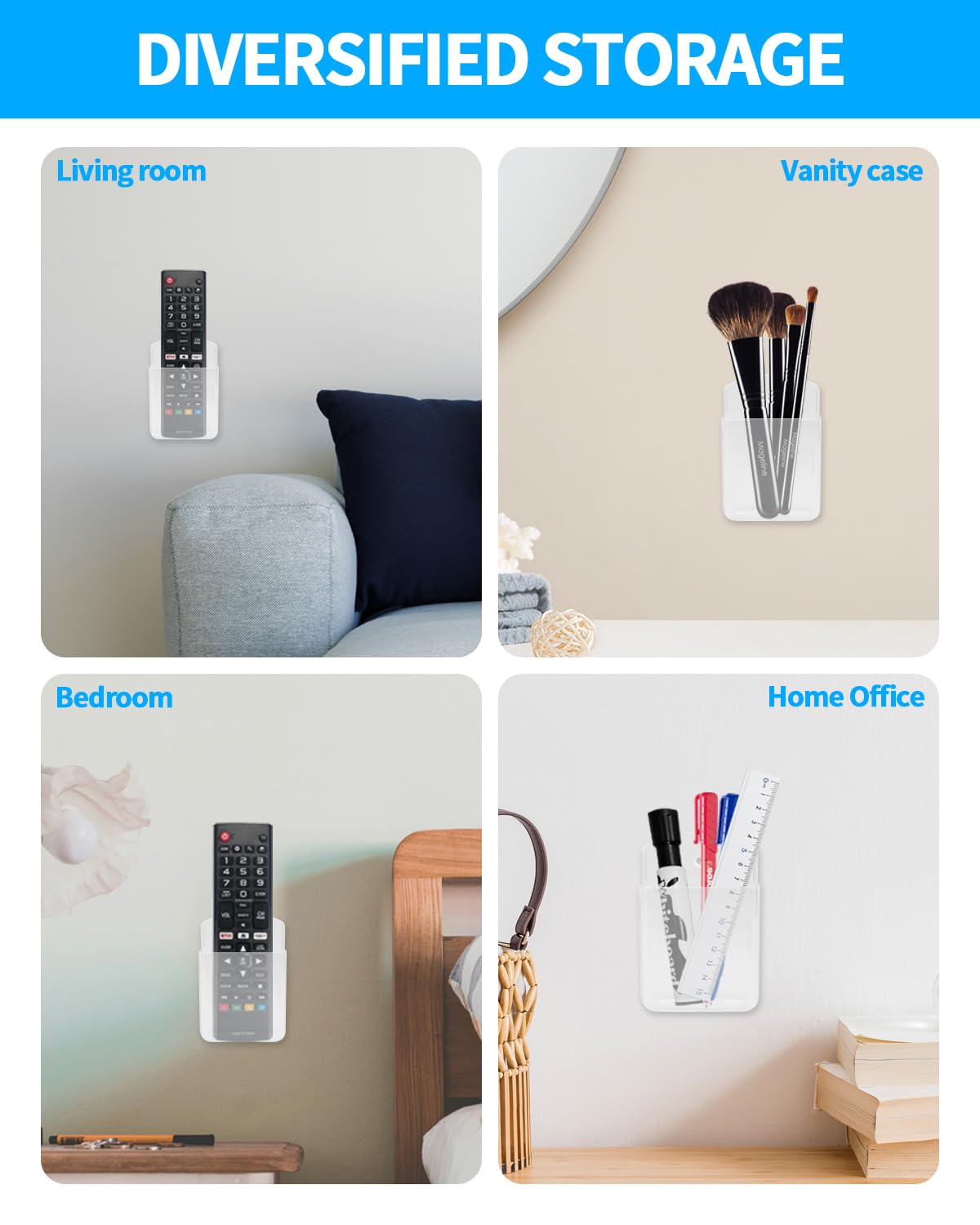 Aecsze 2 PCS Remote Control Holders Wall Mount, Self Adhesive TV Air Conditioner Remote Control Holder, Wall Mount Storage Box Organizer Wall Pen Holder Storage for Home Office School (Clear)