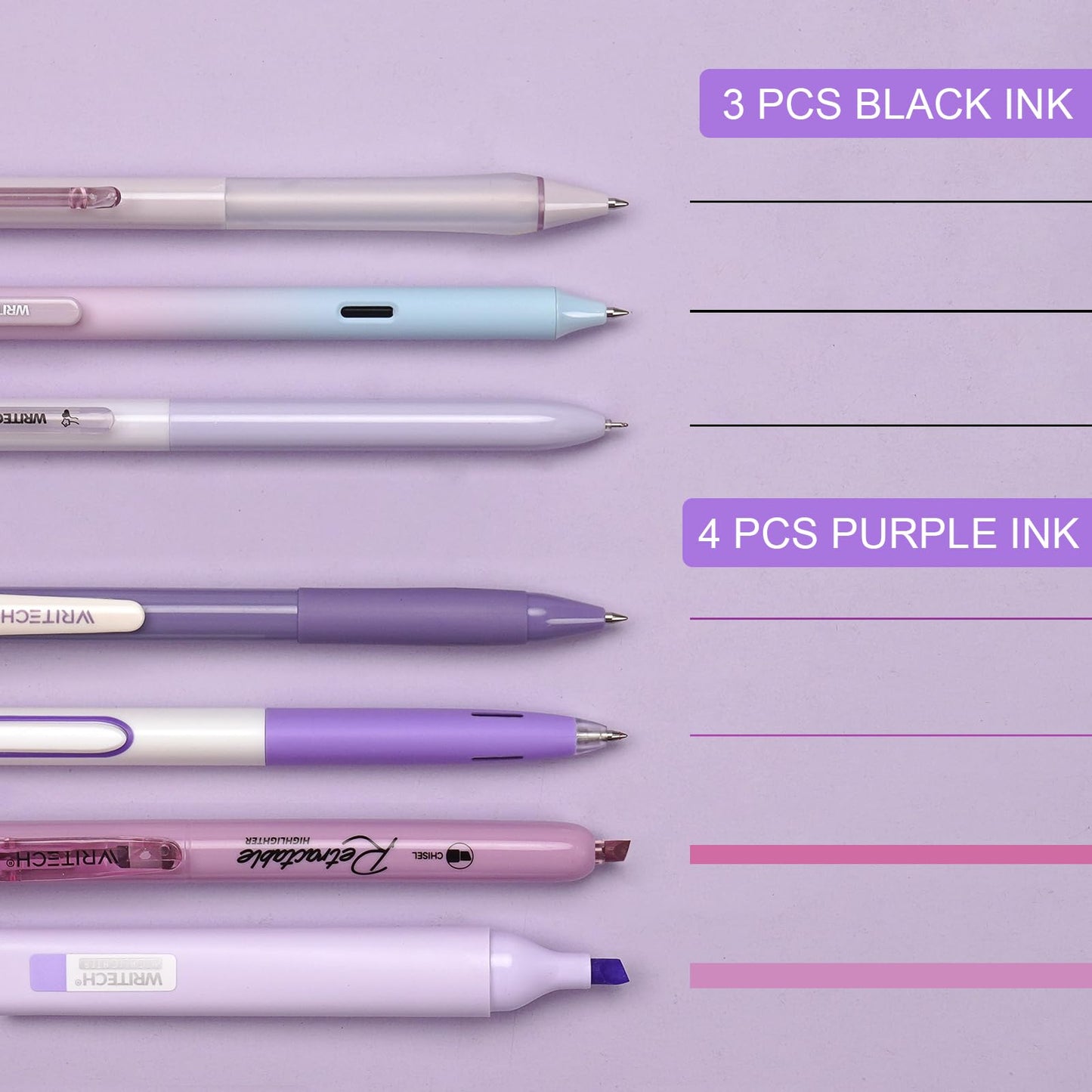 WRITECH Gel Pens Journaling Highlighters: Journal Set Aesthetic Assorted Pastel Color Ink 0.5mm Fine Point Retractable 0.7mm Black Pen Smooth Writing Drawing No Bleed 7ct (Purple)