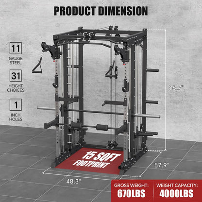 FAGUS H Commercial Smith Machine with Weight Bench Combo, 4000LB Power Cage Squat Rack with Lever Arm, Leg Press, Multi-Function Linear Bearing Cable Crossover Machine for Home Gym, Black