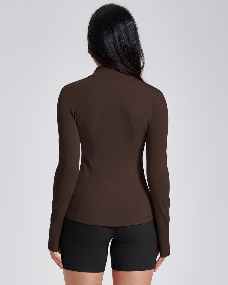 AVGO Womens Workout Jackets Lightweight Athletic Zip Up Jacket Slim Fit Running Gym Top with Pockets & Thumb Holes(Roasted Brown, XL)