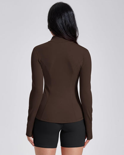 AVGO Womens Workout Jackets Lightweight Athletic Zip Up Jacket Slim Fit Running Gym Top with Pockets & Thumb Holes(Roasted Brown, XL)