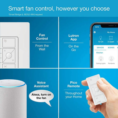 Lutron Caseta Smart Fan Speed Control Switch (Lutron Smart Hub Required), Single-Pole, PD-FSQN-WH, White