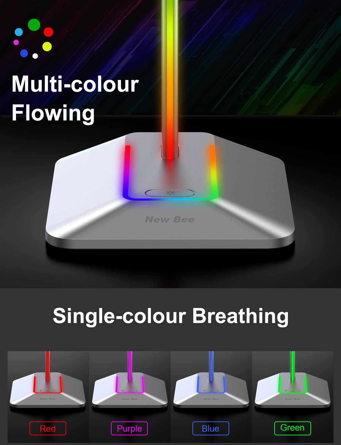 New Bee RGB Headphone Stand with 1 USB-C Charging Port and 1 USB Charging Port, Desk Gaming Headset Stand with 7 Light Modes and Non-Slip Rubber Base Suitable for All Earphone Accessories (Silver)