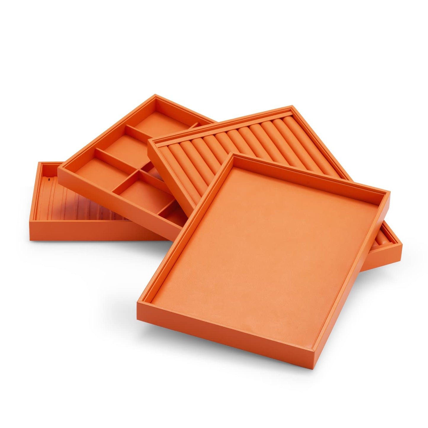 Oirlv Luxury Orange Leather Jewelry Tray Stackable Flat Jewelry Drawer Organizer Earrings Rings Bracelets Storage