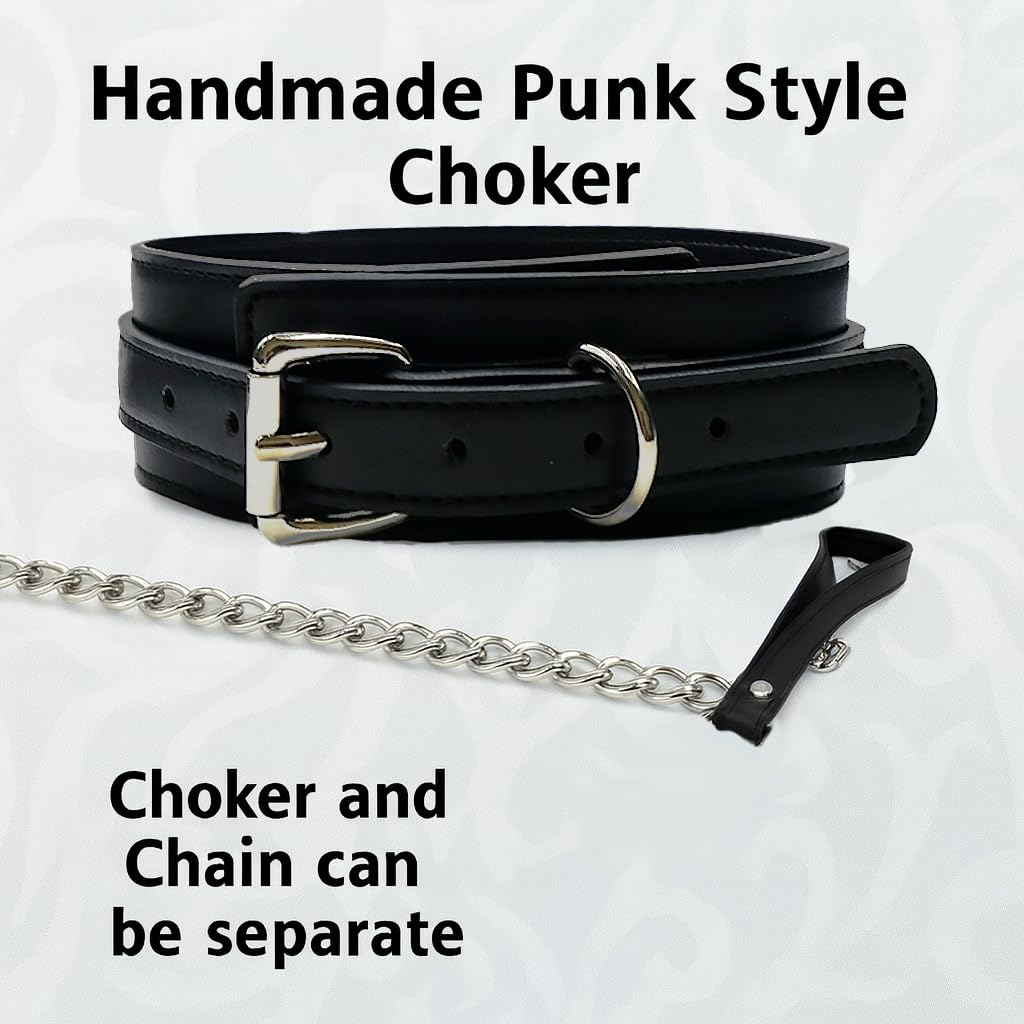 Handmade Leather Black Collar Necklace with Extra Long Chain, Adjustable Fit, Durable Stitching Punk Collar with Custom Exaggerated Personalized Fashion Alphabet Choker for Carnival Party Music Festival