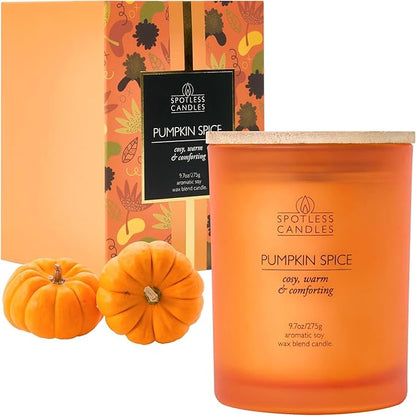 Pumpkin Spice Candle - 275g/9.7 oz Pumpkin Candle in Orange Frosted Glass Jar with Wooden Lid and Wooden Crackling Wick in Luxurious Gift Box - Cosy, Warm and Comforting