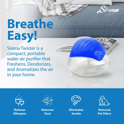 Sirena Twister Air Purifier (Black) - Water Filter Air Washer For Home and Office - Essential Oil Aroma Diffuser With LED Night light - Small Air Cleaner For Smoke and Pets