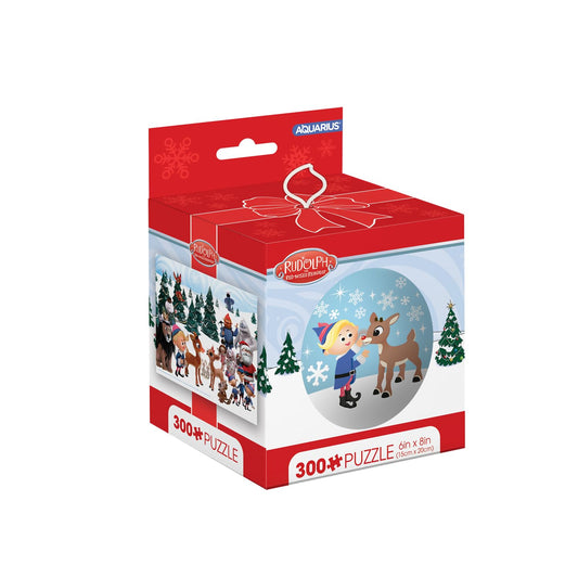 AQUARIUS Rudolph 300 Piece Micro Puzzle in Tin Globe Ornament – The Red Nosed Reindeer Christmas Puzzles Stocking Stuffer 6"x8" Collectible Gifts