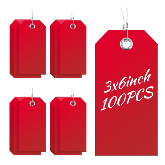 100 Large Red Plastic Shipping Tags - 3x6 inch, Heavy Duty, Waterproof, Writable Wire Tags with String Attached for Luggage, Garage, Inventory, Car Parts