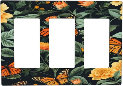 Butterflies Flower Garden 3 Gang Rocker Triple Outlet Wall Plate Decorative Switchplate Cover Faceplate GFCI Light Switch Covers for Farmhouse Living Decor