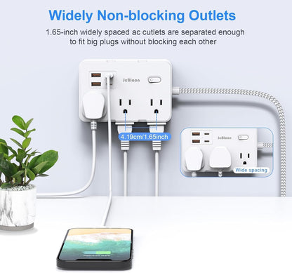 Flat Plug Power Strip Surge Protector, 5ft Ultra Thin Extension Cord with 4 USB Wall Charger(2 USB C Port), 6 Widely-Spaced Outlets Power Strip Compact for Travel, Office, Dorm Room Essentials (White)