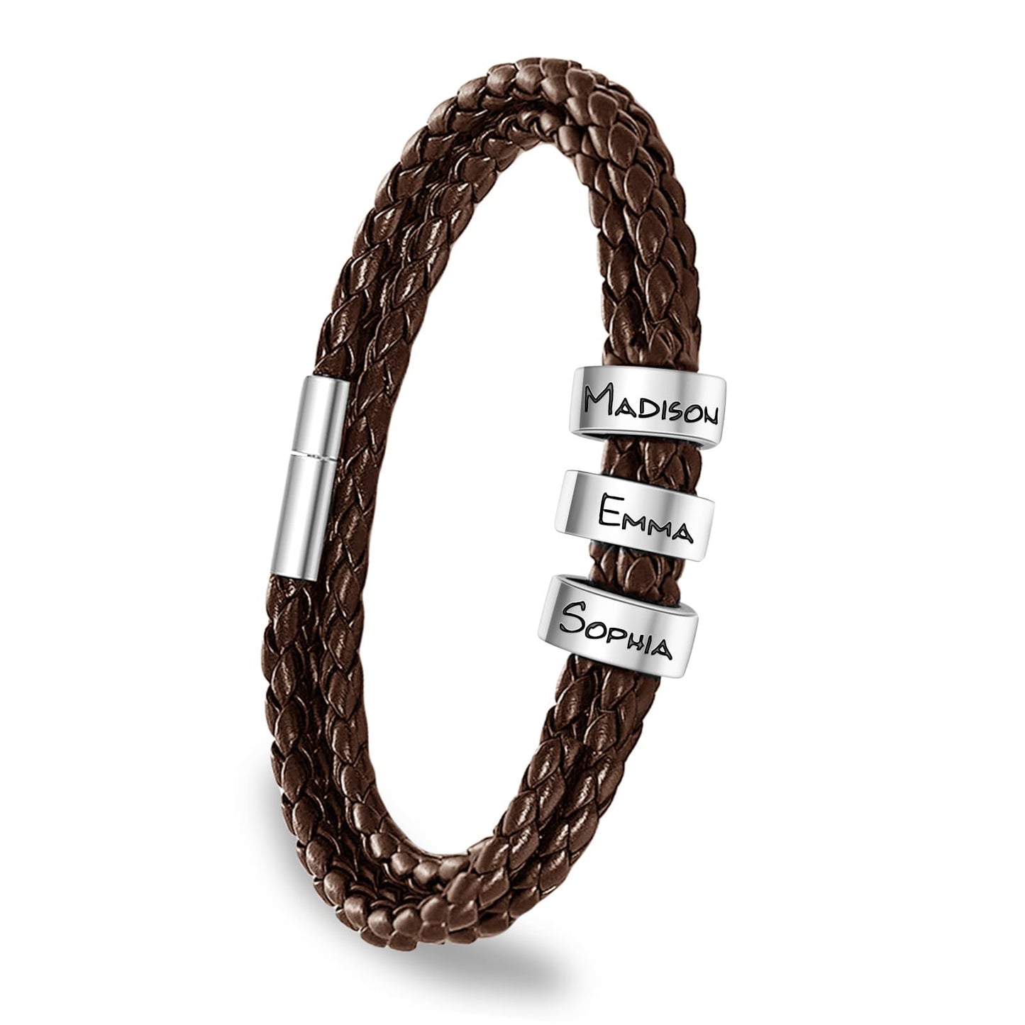 ShineSand Personalized Mens Leather Bracelet with Custom Beads, Customized Braid Leather Bracelet Engraved with Names for Men