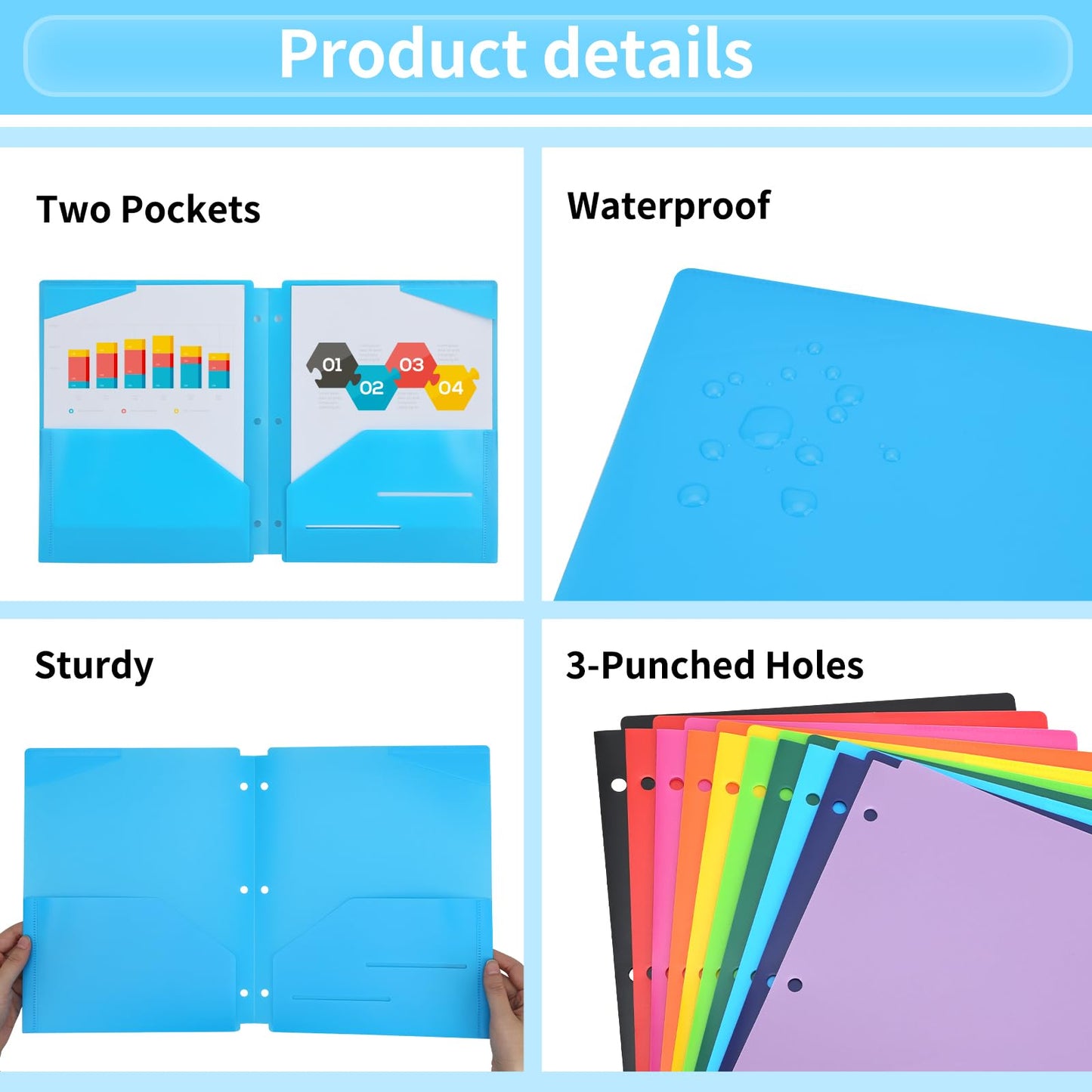 EOOUT Binder Folders 10pcs Colored File Folders, Plastic Folders with Pocket and 2 Business Card Slot, 3 Hole Punch Poly Folders Fits in 3 Ring Binder for School Office