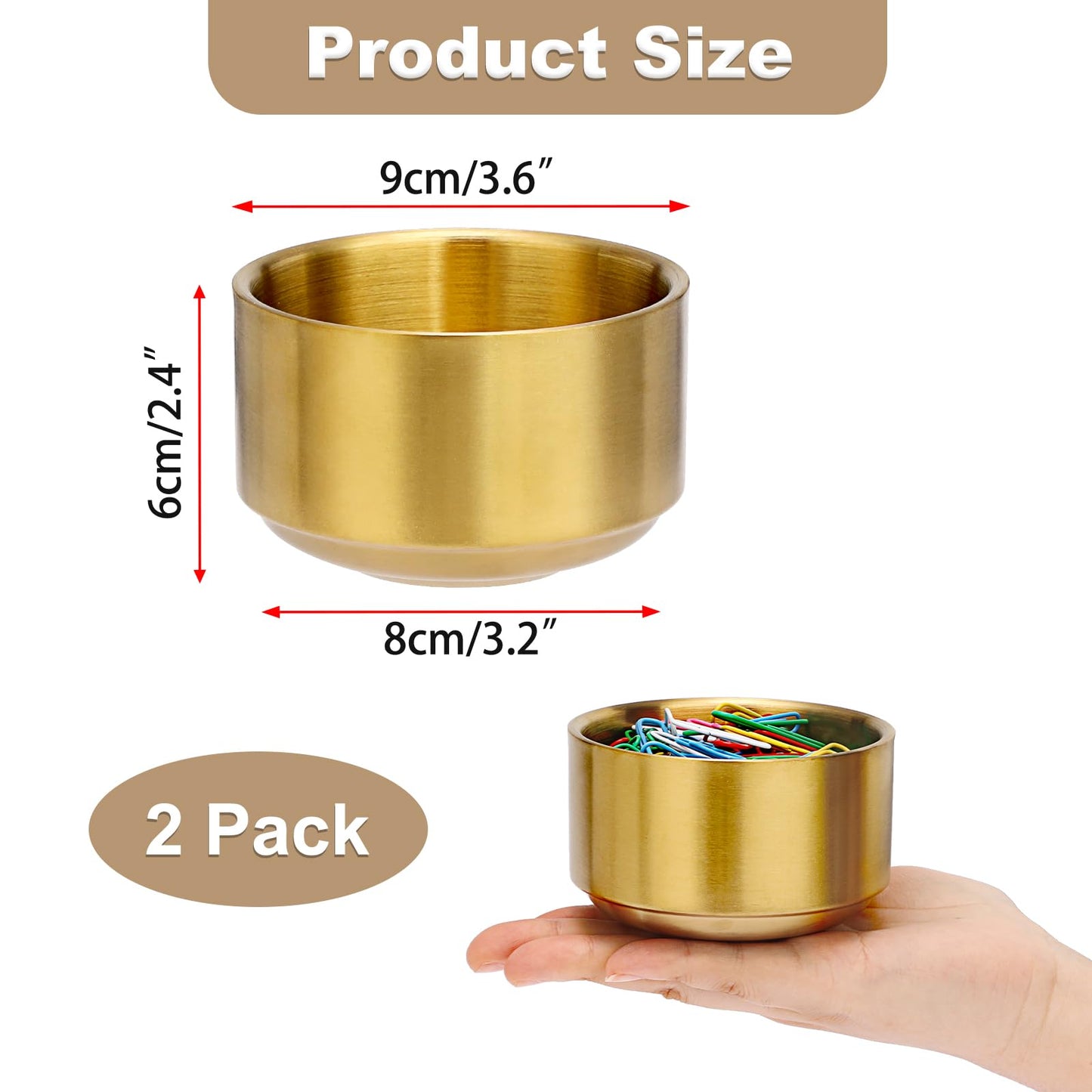 BTSKY 2 Pack Golden Paper Clip Holder, Stackable Paperclip Box Metal Storage Bowl for Office Supply Accessories, Round Small Storage Holder Cute Jewelry Organizer for Office Bathroom Vanity
