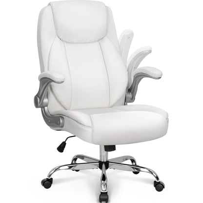NEO CHAIR Ergonomic Office Desk Gaming Computer Chair Executive High Back Support Flip-up Arms Adjustable Height Swivel Rolling Wheels Comfy PU Leather for Home (White)