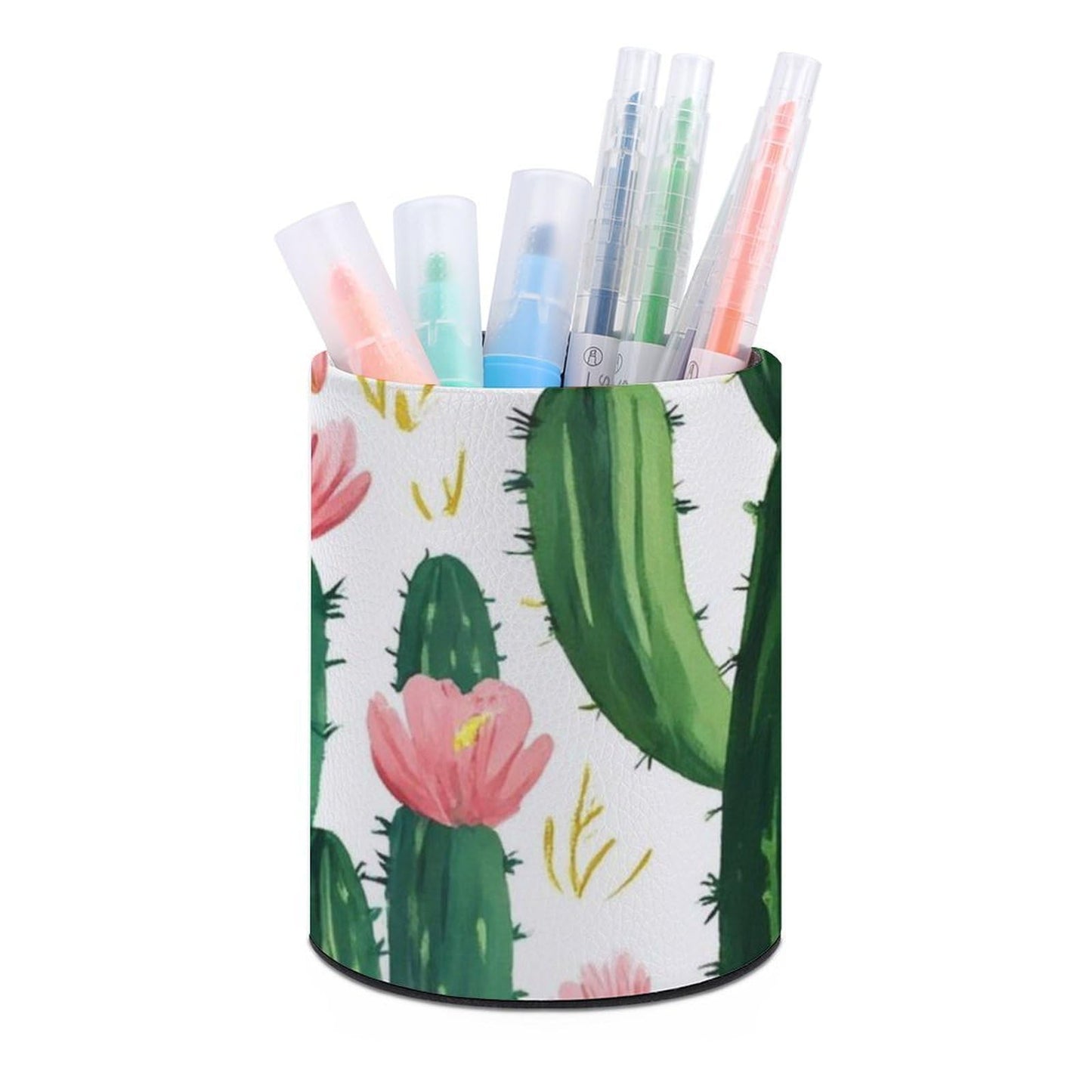 UTRSIFB Pen Holder Leather Pencil, Holder Cup Makeup Brush Storage Organizer, Waterproof Multifunctional Office Supplies Floral Cactus Flowers