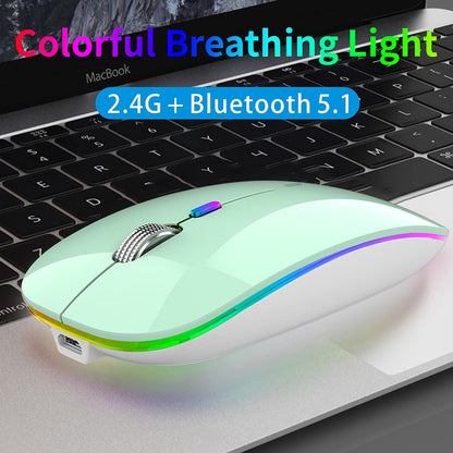 TENMOS Wireless Bluetooth Mouse, LED Slim (Bluetooth 5.1/5.0 + USB) 2.4GHz Rechargeable Silent Bluetooth Wireless Mouse with Type C Adapter for Laptop/MacBook/iPad OS 13 and Above (Matte Black)