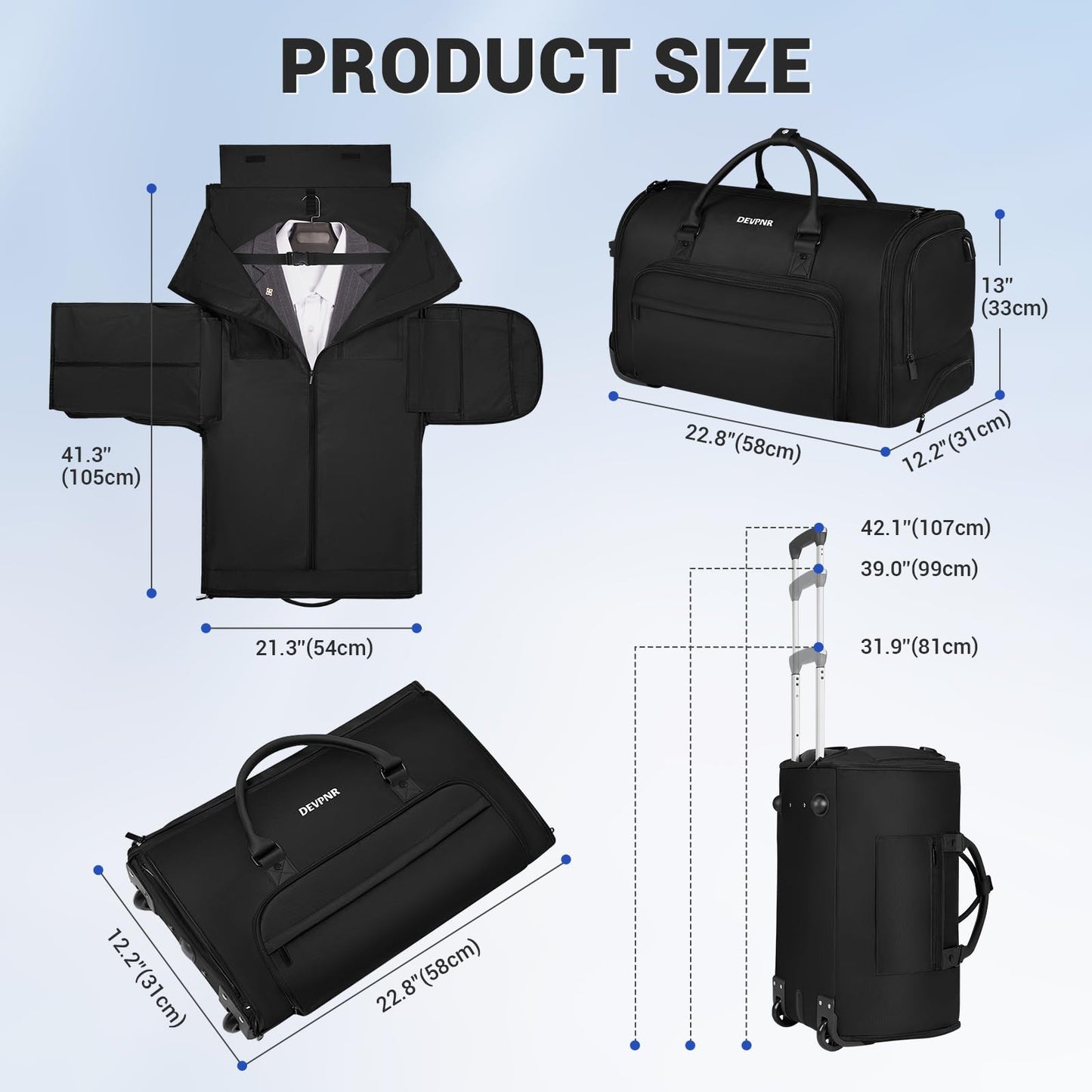 DEVPNR Rolling Garment Bags for Travel, 59L Rolling Duffle Bag with Wheels and Shoe Compartment for Men and Women, 3 in 1 Carry on Convertible Travel Garment Bag with Wheels, Black