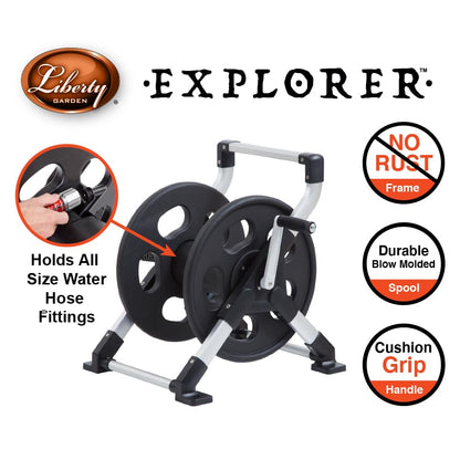 Liberty Garden 306 Explorer Floor or Wall Mount Hose Reel, Aluminum, Holds 150-feet of 5/8-Inch hose, Silver/Black