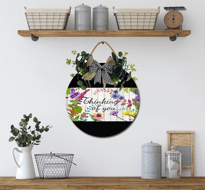 Garden Thinking Of You Front Door Sign Funny Wreaths Hanging Wooden Plaque Decoration Round Rustic Wood Farmhouse Porch Decor for Home Front Door Decor, 12 x 12 Inch