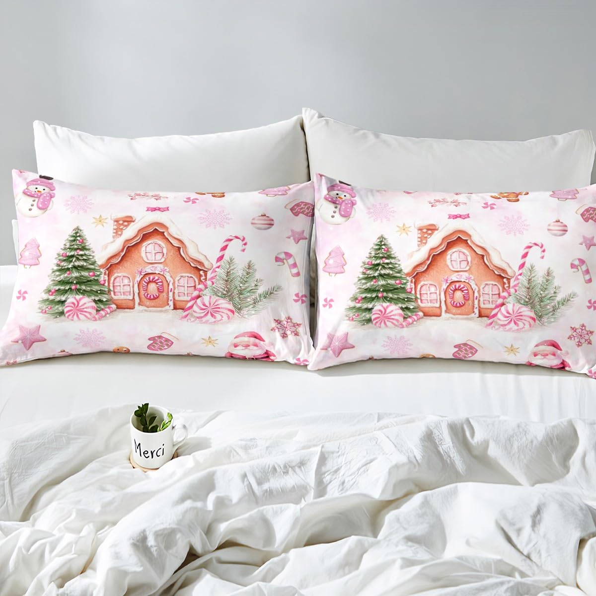 Manfei Pink Christmas Fitted Sheet Twin for Kids Teens Bedroom,Cartoon Gingerbread House Bedding Set(No Top Sheet),Watercolor Santa Snowman Bed Sheet,Dreamy Pink Tie Dyed Bed Cover,2 Pillowcases