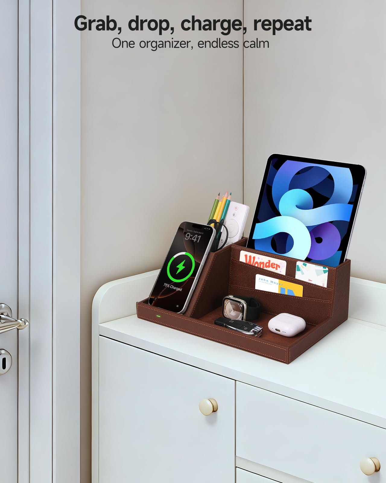 Fast Wireless Charging Station with Desk Organizer for iPhone 17/16/15/15 Pro/14/14 Pro Max/14 Pro/14 Plus/13/13 Pro Max/13 Pro/and iPhone 12/11 Series, Nightstand Desktop Organizer, Brown