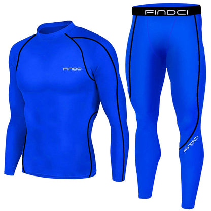 1Bests Men's Sports Running Set Compression Shirt + Pants Skin-Tight Long Sleeves Quick Dry Fitness Tracksuit Gym Yoga Suits (KBOO-Deep Blue, M)