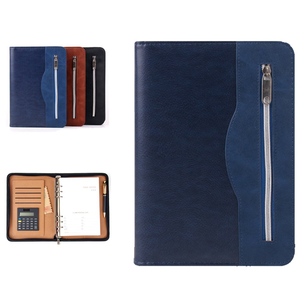 SAYEEC Executive Conference Folder A5 Zipped Portfolio Binder Faux Leather Padfolio Refillable Business Notebook Organizer with Calculator Loose Leaf Paper Gift for Man Women