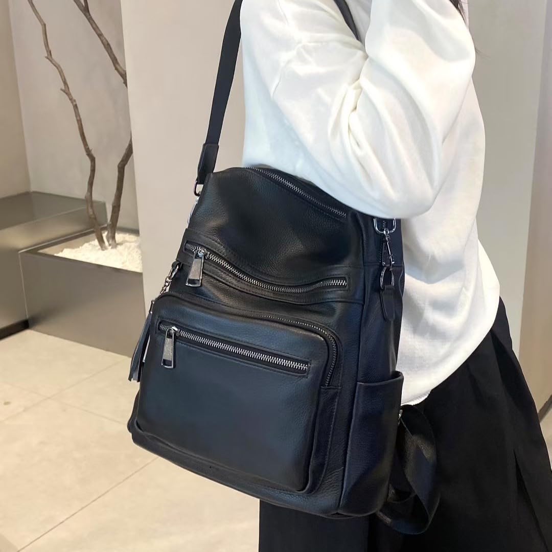 Wesccimo Genuine Leather Backpack Purse For Women Black Real Soft Leather Fashion Designer Convertible Ladies Shoulder Bag